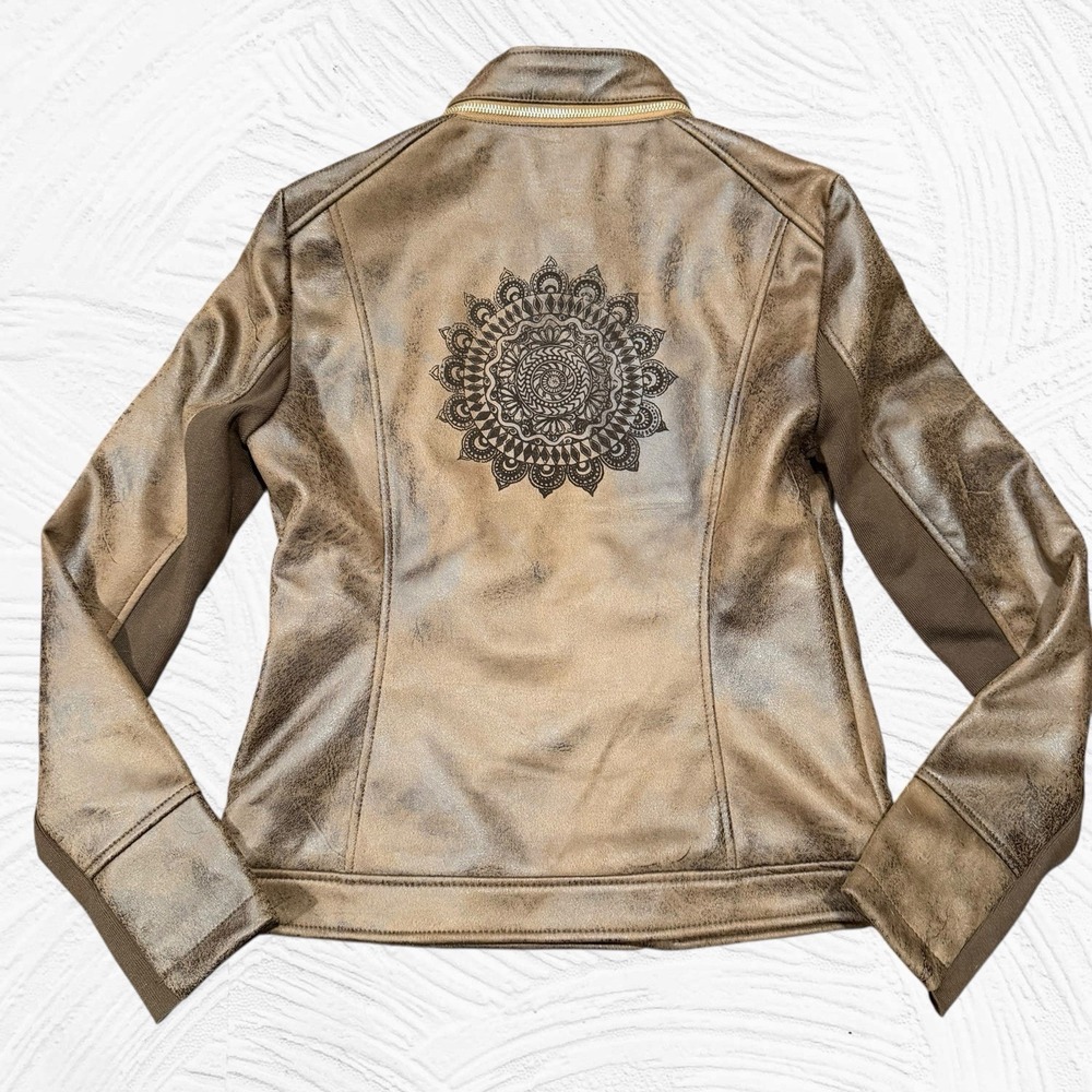 Desigual Jacket Women's US8 Brown Faux Leather Biker Moto Distress Asymmetrical